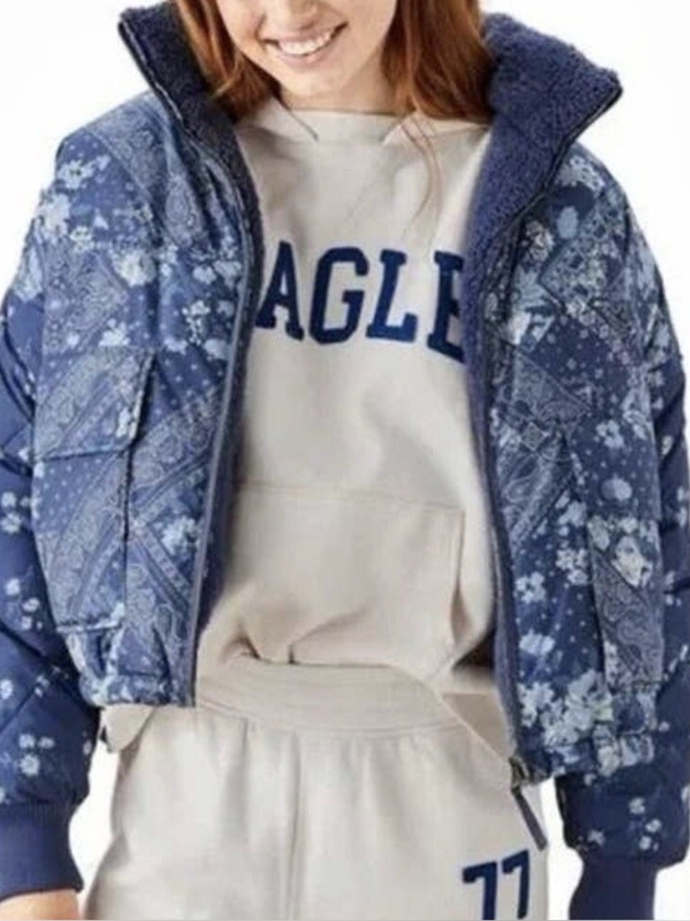 American Eagle Cropped Reversible Puffer Bandana Jacket In Navy Sz L Women’s